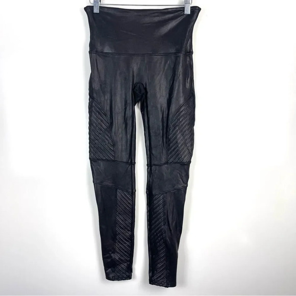 SPANX Black Faux Leather Moto Leggings - Picture 1 of 7